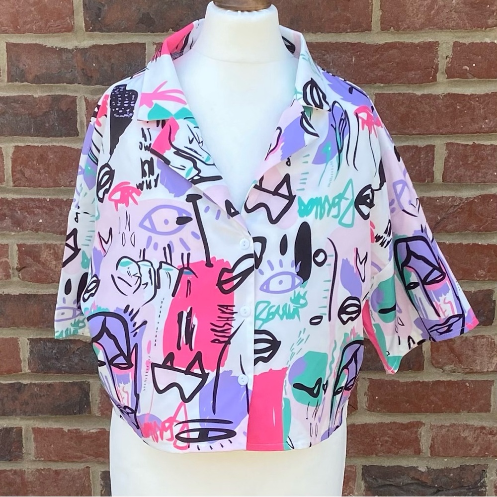 SHEIN Size L Large Cropped Short Sleeve Abstract Print Blouse Button Up Retro - Picture 1 of 9